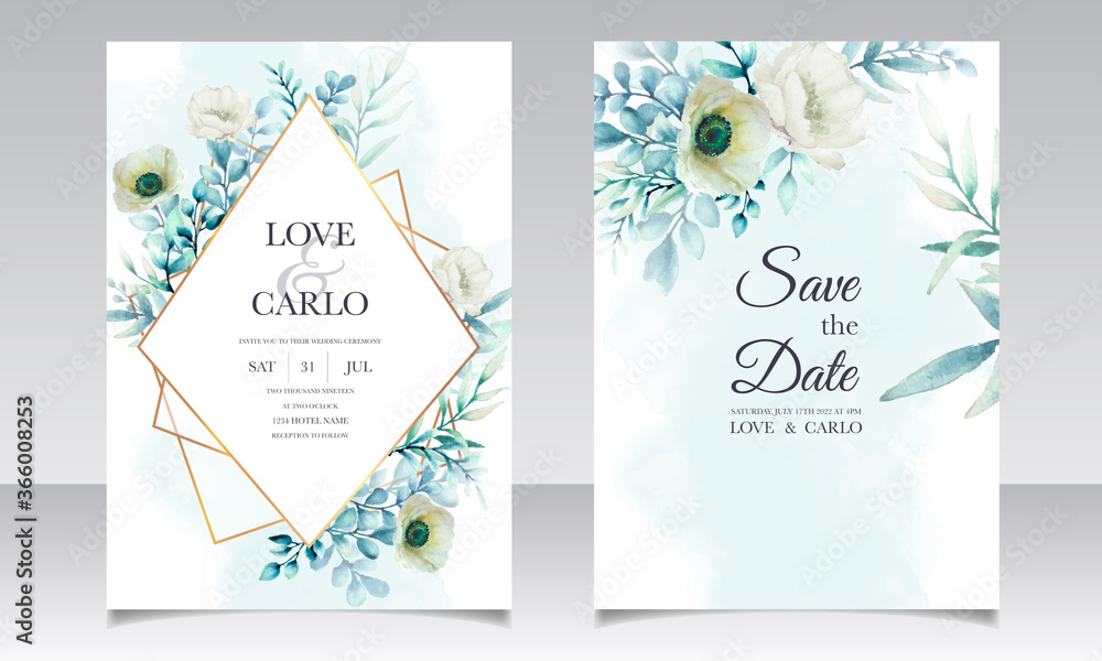 Elegant watercolor floral and leaves invitation card set