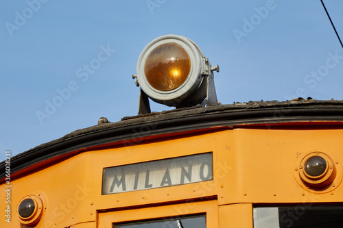 Rare and historic suburban tram in Milan, headlights detail