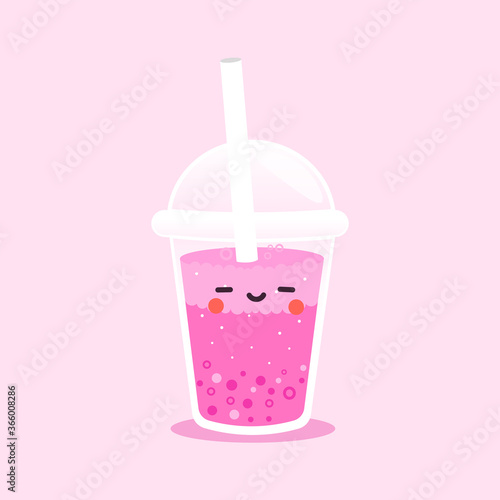 Vector Bubble Tea, tapioca milk tea. Pearl milk tea, Bubble Tea is Taiwanese famous and popular drink. Boba and small boba. Kawaii Character Boba. Pink with adorable emoticons. Blushing and smiley. .