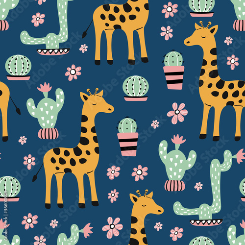 Seamless pattern with cute giraffee and cactus. photo