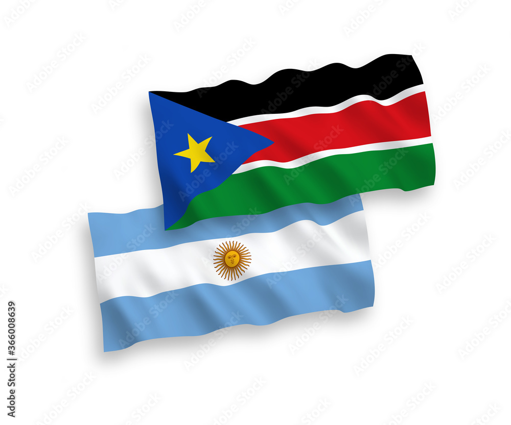 Fototapeta premium Flags of Republic of South Sudan and Argentina on a white background