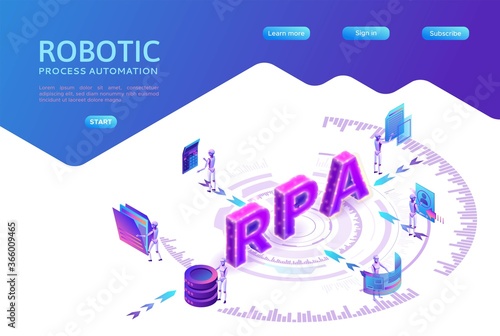Robotic process automation concept with robots working with data, arms moving files, extracting information from websites, digital technology service, 3d isometric vector illustration