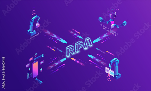 Robotic process automation concept with robots working with data, arms moving files, extracting information from websites, digital technology service, 3d isometric vector illustration