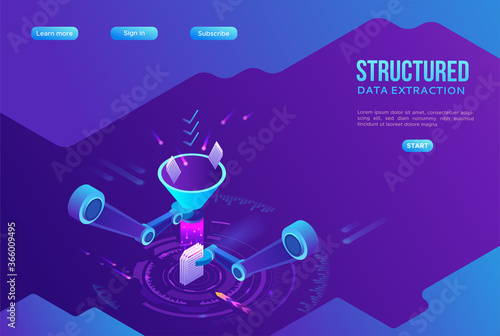 Structured data extraction, robotic arm analyze diagram, kpi analytics, digital technology in finance, funnel, artificial intelligence concept, big research isometric illustration, 3d background