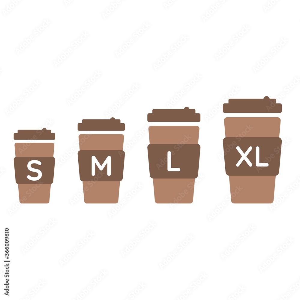 Coffee cup sizes set S M L XL. Different size - small, medium, large and  extra large Stock Vector