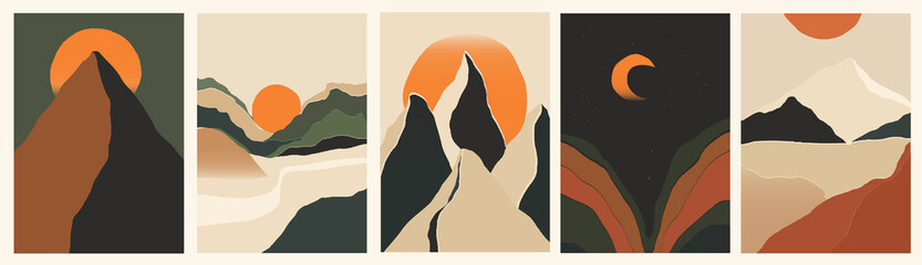 Fototapete Grau 2 Trendige minimalistische abstrakte Landschaftsillustrationen. Set von handgezeichneten zeitgenössischen künstlerischen Postern.  © MURRIRA