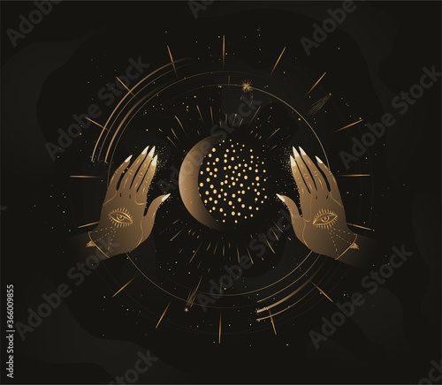 Modern mystical astrology aesthetic illustration. Beautiful bohemian print with moon and hands.