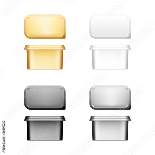 Butter, cheese or margarine container with lid mockup - front, top view. Blank white, silver, gold, black plastic food package: cream, yogurt, spread. Product template. Isolated 3d vector illustration
