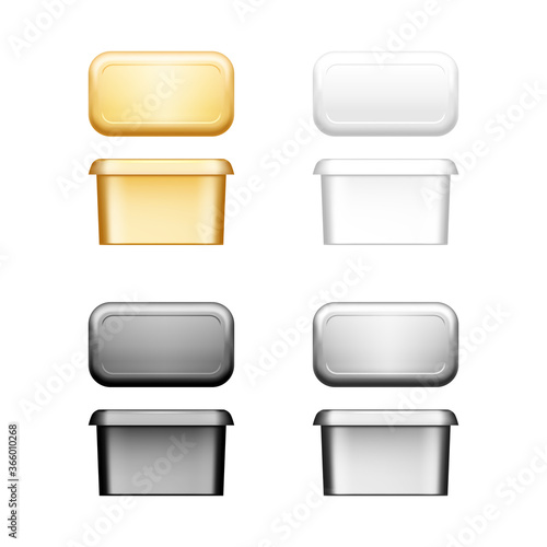 Butter, soft cheese or margarine container with lid mockup - front, top view. Blank white, silver, gold, black plastic food package: cream, yoghurt. Product template. Isolated 3d vector illustration
