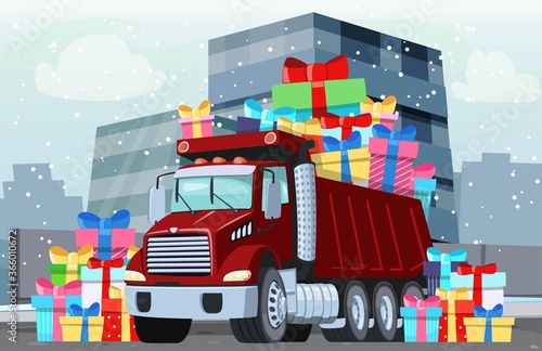 Illustration of winter truck with gifts presents
