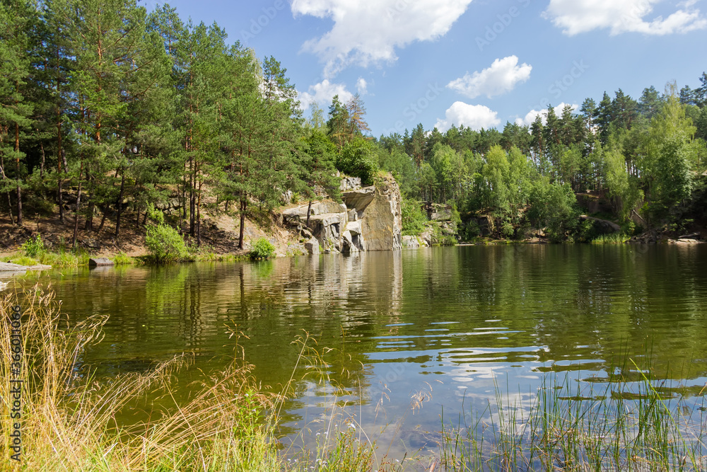 Scenic forest lake with rocky shore in summer