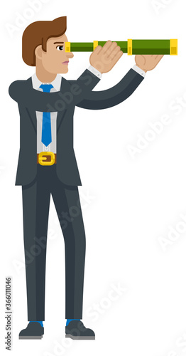 A business cartoon character mascot looking through a telescope or spyglass concept