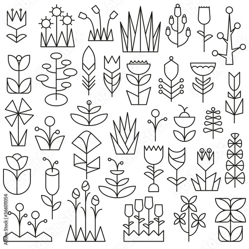Nature, flora, trees, flowers, plants set in modern style. Abstract, geometric and linear style