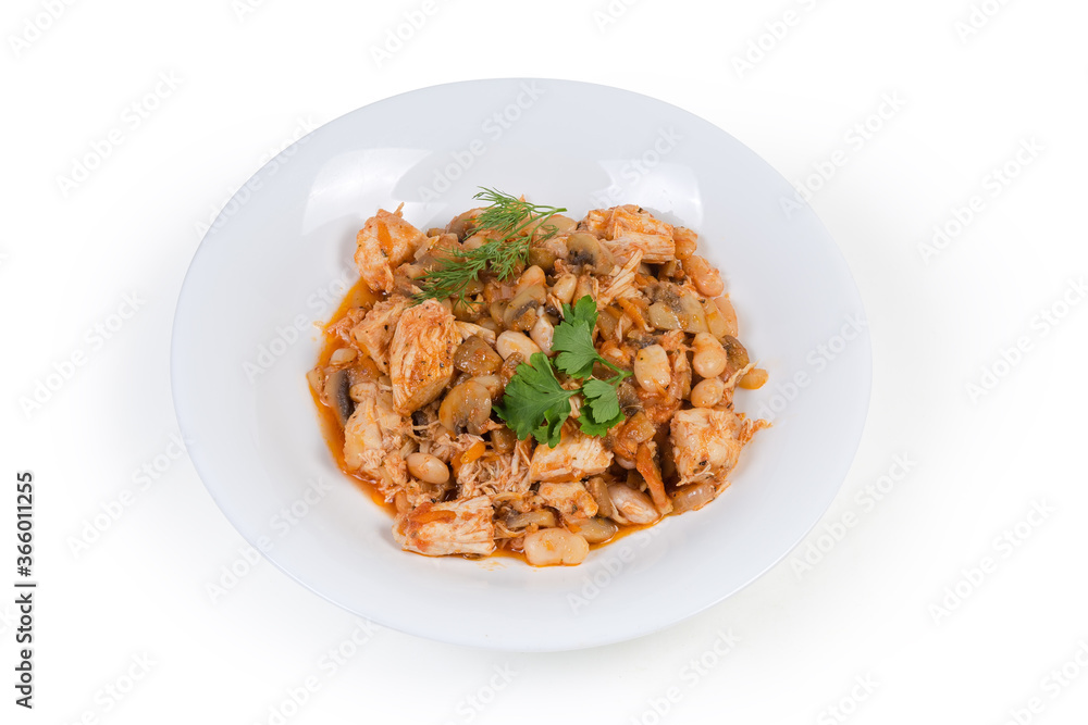 Beans with mushrooms and chicken, stewed in tomato sauce Beans with mushrooms and chicken, stewed in tomato sauce