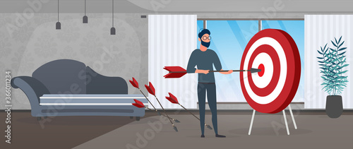 The guy is holding an arrow. The arrow hits the target. The concept of successful business, teamwork and achieving goals. Vector.