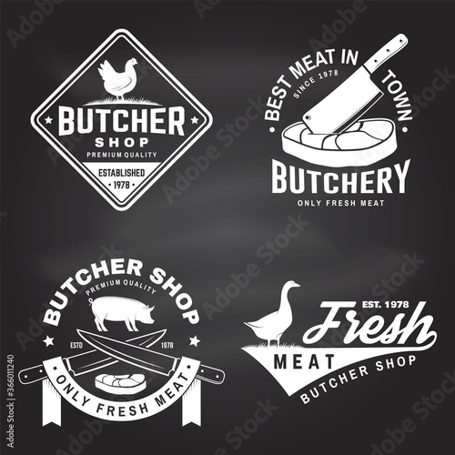 Set of butcher shop badge or label with goose, chicken, cow, pig and kitchen knife on chalkboard. Vector illustration. Butchery meat shop, market, restaurant business.