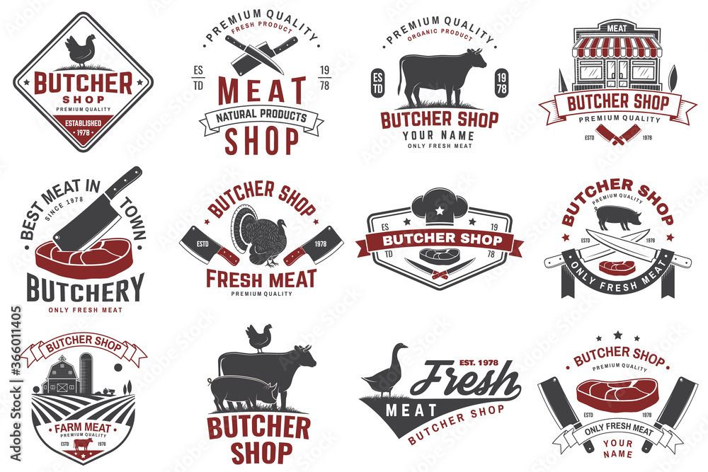Set of butcher shop badge or label with cow, Beef, chicken. Vector. Vintage typography logo design with cow, chicken silhouette. Butchery meat shop, market, restaurant business.