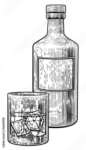A drink cocktail in a glass with ice accompanied by a bottle in a vintage woodcut etched or engraved style