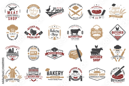 Set of butcher shop and Bakery shop badge, label. Vector. Vintage logo design with cow, chicken, rolling pin, dough, silhouette. For restaurant identity objects, packaging, menu