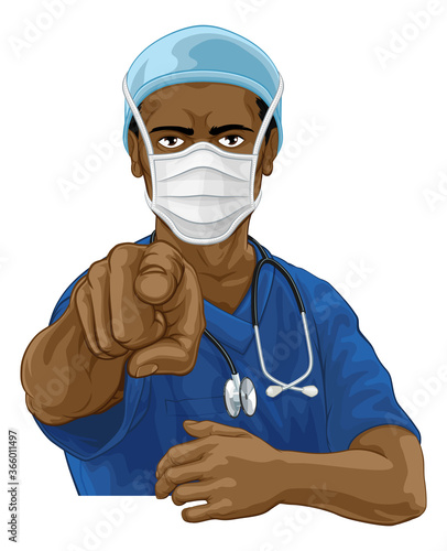 A doctor or nurse medical healthcare professional wearing scrubs uniform. Pointing at the viewer in a needs or wants you gesture with serious but caring look. Wearing PPE including face mask.