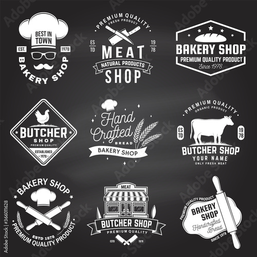 Set of butcher shop and Bakery shop badge, label. Vector. Vintage logo design with cow, chicken, rolling pin, dough, silhouette. For restaurant identity objects, packaging, menu