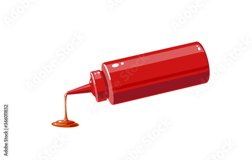 Ketchup sauce pouring from squeeze plastic bottle for fast food, vector illustration cartoon icon isolated on white background.