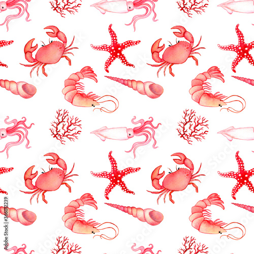 watercolor seamless pattern with starfish, crab, shrimp, coral and squid