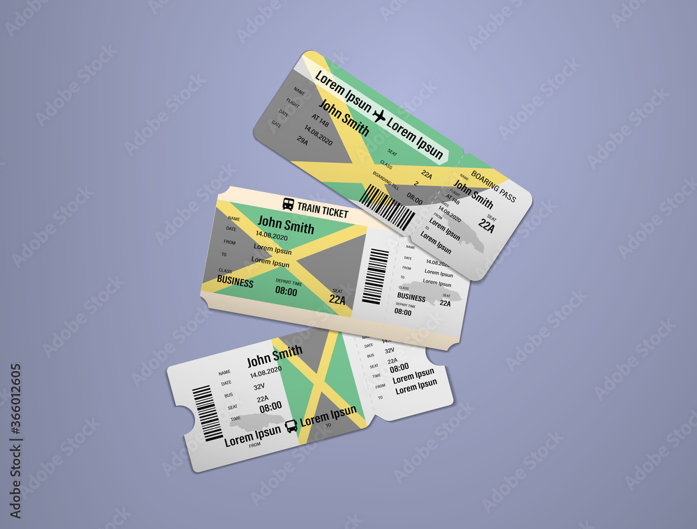 Modern design of Jamaica airline, bus and train travel boarding pass