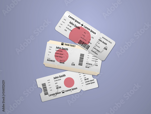Modern design of Japan airline, bus and train travel boarding pass. Three tickets of Japan painted in flag color. Vector illustration isolated gradient background