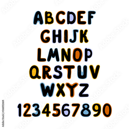 Vector cute colorful alphabet for kids. Can be used as elemets for your design for greeting cards, nursery, poster, card, birthday party, packaging paper design, baby t-shirts prints