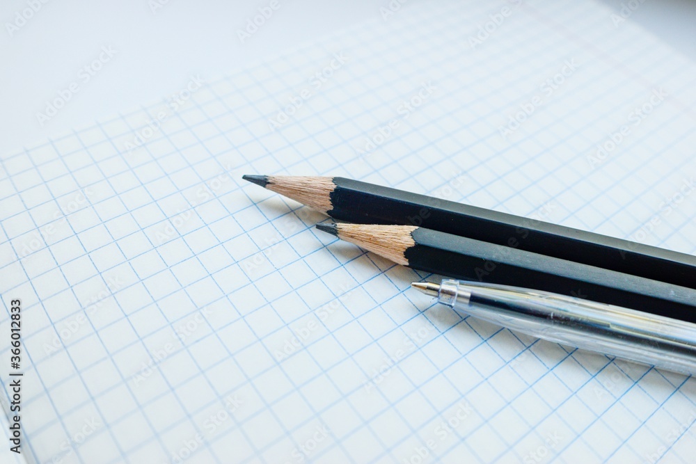 Ballpoint pen and pencils on a white blank sheet of paper in a cage. Ballpoint pen and pencils on a white blank sheet of paper in a cage.