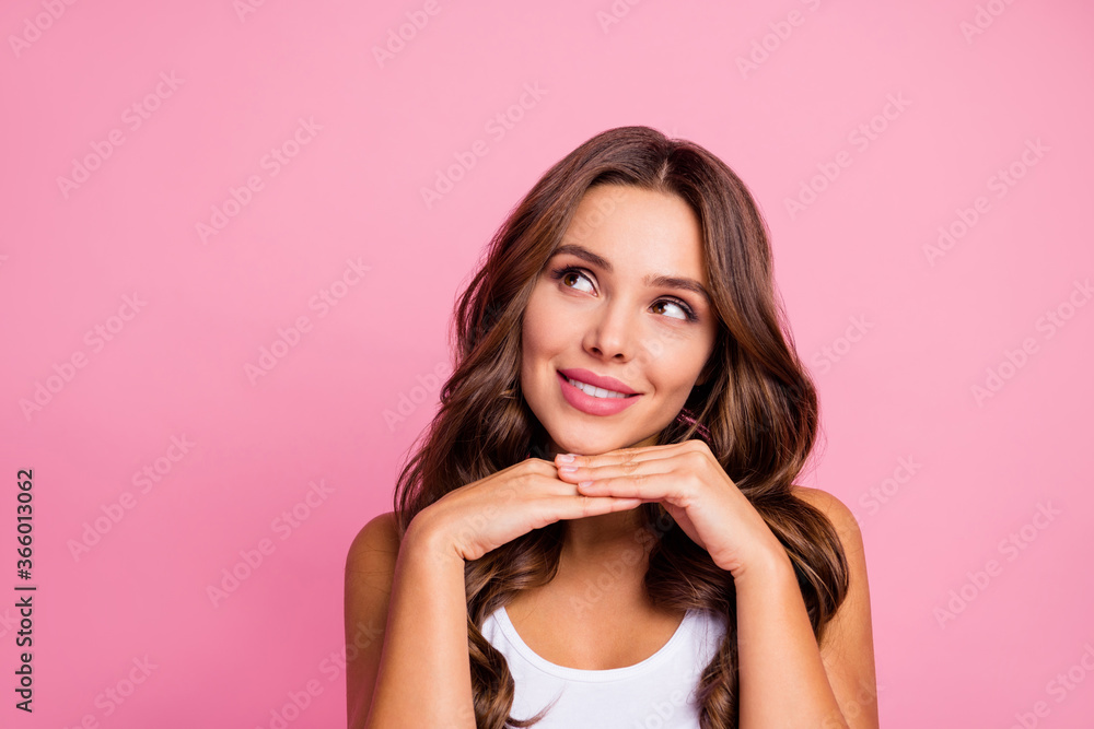 Closeup photo of funny pretty wavy lady arms under chin wondered look up empty space read sale shopping banner wear white casual tank-top isolated bright pink color background Closeup photo of funny pretty wavy lady arms under chin wondered look up empty space read sale shopping banner wear white casual tank-top isolated bright pink color background