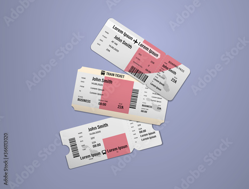 Modern design of Malta airline, bus and train travel boarding pass. Three tickets of Malta painted in flag color. Vector illustration isolated gradient background