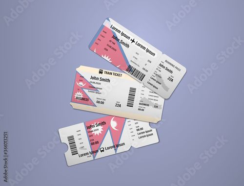 Modern design of Nepal airline, bus and train travel boarding pass. Three tickets of Nepal painted in flag color. Vector illustration isolated gradient background