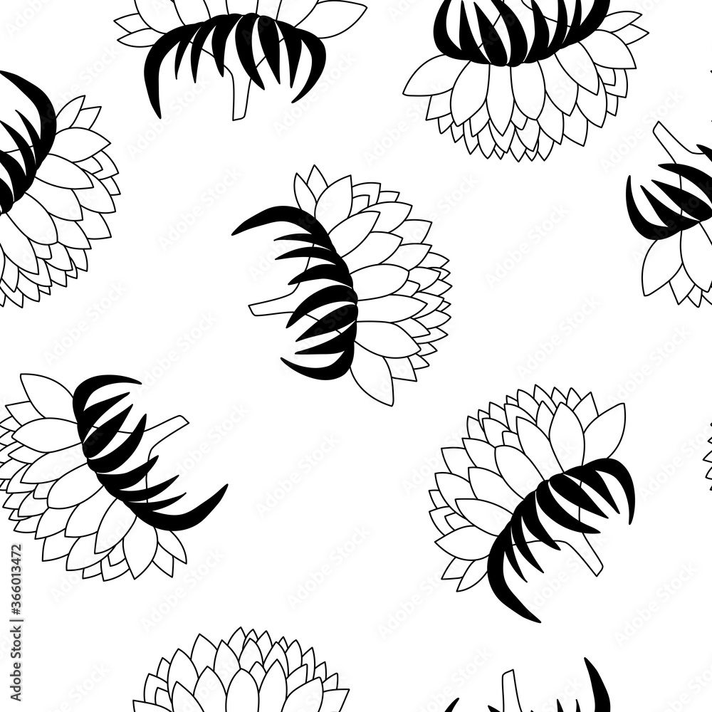 Floral summer seamless pattern with black sunflowers silhouette on white background. Cartoon style. Design for fabric, textile, posters, card, paper. Hand drow flowers. Vector illustration. Floral summer seamless pattern with black sunflowers silhouette on white background. Cartoon style. Design for fabric, textile, posters, card, paper. Hand drow flowers. Vector illustration.