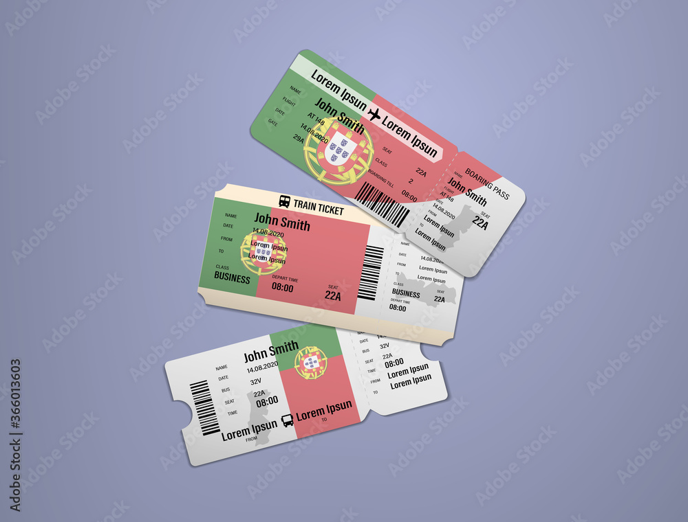 Modern design of Portugal airline, bus and train travel boarding pass. Three tickets of Portugal