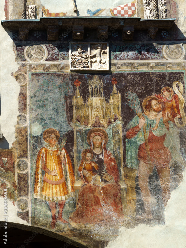 Clusone, Bergamo, Italy: historic  palazzo comunale, with frescos on the facade