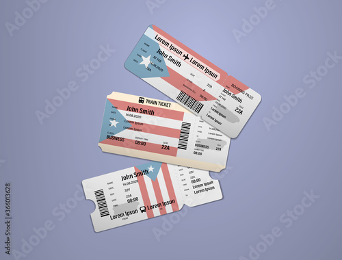 Modern design of Puerto Rico airline, bus and train travel boarding pass. Three tickets of Puerto Rico painted in flag color. Vector illustration isolated gradient background