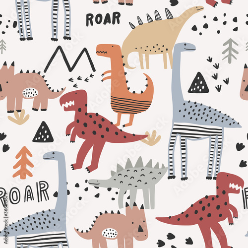 Childish seamless pattern with dinosaurs, trees and mountains. Creative childish texture for fabric, wrapping, textile, wallpaper, apparel. Vector illustration.
