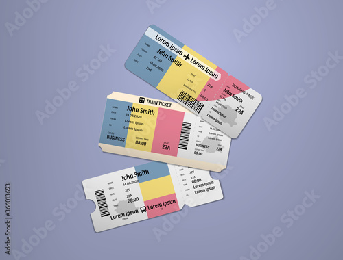 Modern design of Romania airline, bus and train travel boarding pass. Three tickets of Romania painted in flag color. Vector illustration isolated gradient background