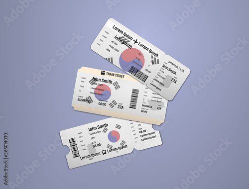 Modern design of South Korea airline, bus and train travel boarding pass. Three tickets of South Korea painted in flag color. Vector illustration isolated gradient background