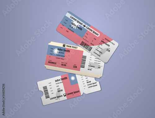 Modern design of Taiwan airline, bus and train travel boarding pass. Three tickets of Taiwan painted in flag color. Vector illustration isolated gradient background