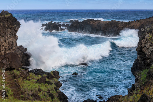 Waves crashing on the rocks  Rapa Nui National Park  Easter Island  Chile
