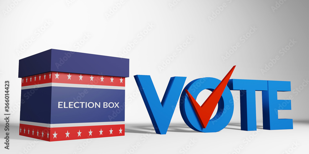 election box with America flag pattern and blue text vote with red check correct sign isolated on white background, 3d rendering. US presidential election banner campaign concept election box with America flag pattern and blue text vote with red check correct sign isolated on white background, 3d rendering. US presidential election banner campaign concept
