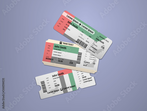 Modern design of United Arab Emirates airline, bus and train travel boarding pass. Three tickets of United Arab Emirates painted in flag color. Vector illustration isolated gradient background