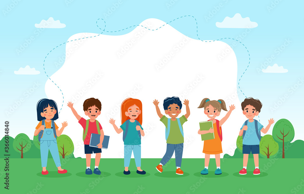 Children back to school, set of cute characters and copy space. Vector illustration in flat style