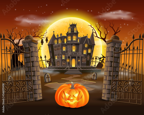happy halloween background with scary pumpkin on graveyard with haunted house, and full moon. vector illustration for happy halloween card, flyer and poster.