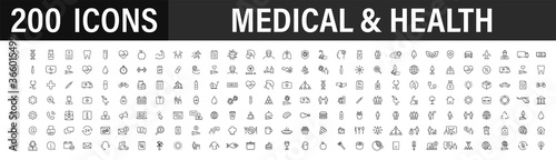 Foto Set of 200 Medical and Health web icons in line style