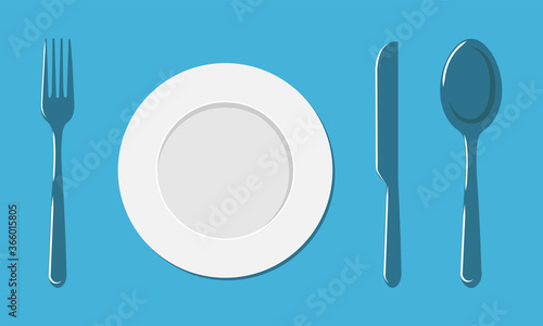 Plate, fork, spoon and a knife. Vector illustration. Oblects on a blue background.