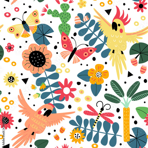 Seamless pattern with parrot and flowers